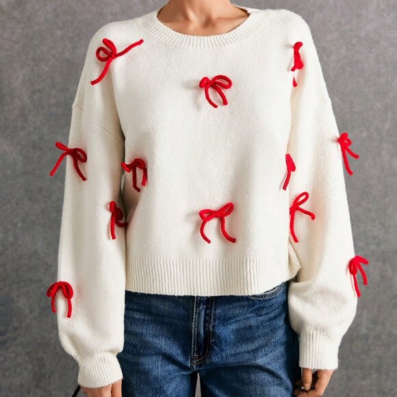 Apricot Casual Women's Christmas Cute Bow Decor Sweater - Picture 6 of 6